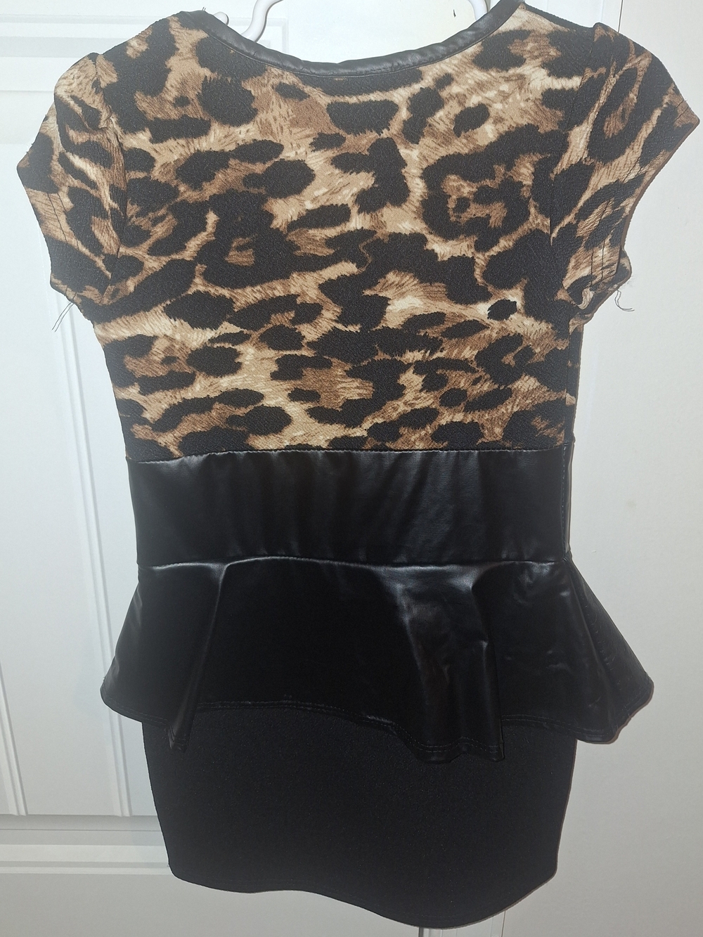 Leopard Print Peplum Tunic with Faux Leather Waist - Black & Brown